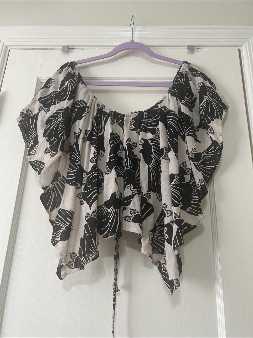 Free People Cream Off-Shoulder Tunic with Black Floral Print
